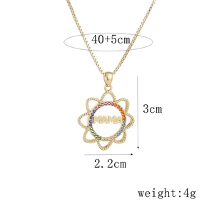 Golden MOM sunflower necklace with colorful zircon inlay and size dimensions shown