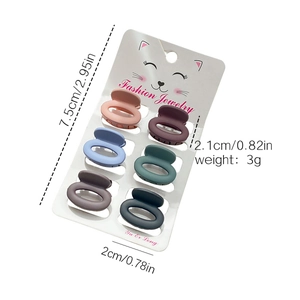 Set of 6 mini matte hair claws for women in various colors shown with size measurements