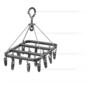 Detail of black aluminum drying rack with 18 stainless steel clips for clothes and socks