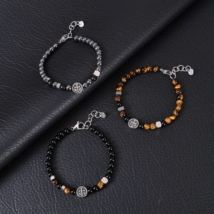 Men's adjustable natural stone bead bracelet set with cross pendant and S925 clasp