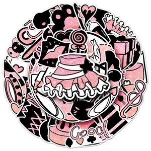 50 pieces of pink and black glitter party stickers with cartoon fashion doodle designs