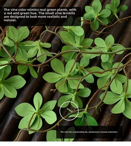 Detail view of lifelike artificial green vines with bionic tendrils and connector joints