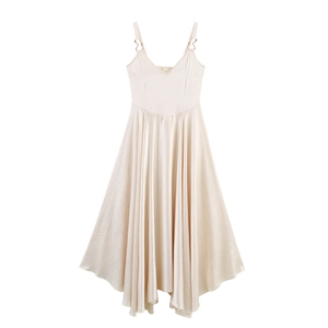 Abito Maxi Elegante In Raso Senza Maniche Per Donna Vita Alta Orlo Irregolare Grande Ampiezza Tinta Unita Scollo A V Spalline Con Fibbia In Metallo