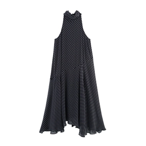 Chic black and white polka dot halter neck sleeveless loose dress on white background