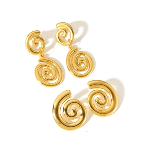 18K gold plated stainless steel spiral drop earrings with vintage geometric swirl design
