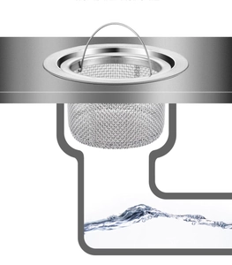 Cross-section view of a stainless steel sink strainer basket with a metal handle for drainage