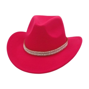 Close-up of rose red wool felt cowboy hat with elegant pearl and rhinestone hatband detail