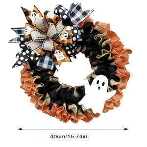 Detail view of 40cm Halloween ghost wreath with orange ribbons and Boo text patterns