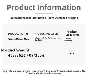 Specifications of portable wood makeup mirror including weight and high-definition lens detail