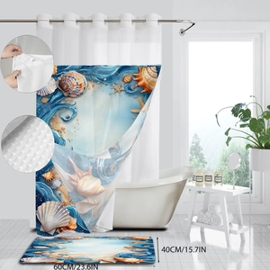 Nautical double-layer shower curtain and non-slip bath mat set with shell patterns