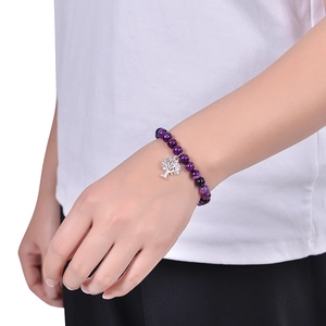 Purple natural agate bead bracelet featuring a silver tree of life charm for women