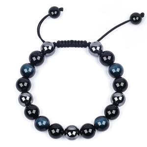 Detail of 10mm tiger eye and matte agate beads with adjustable hand-woven cord