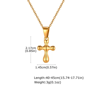 Detail showing dimensions of a polished gold cross pendant with chain measurements