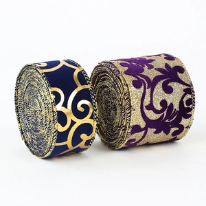 Blue and purple velvet Christmas ribbons with gold floral patterns for tree decoration