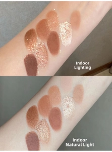 Brown eyeshadow palette swatches comparing indoor lighting and natural light on skin