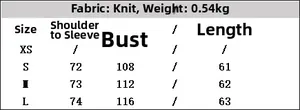Detailed size chart for knit sweater showing measurements in cm for S, M, and L sizes