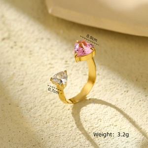 Detail of gold open ring showing 0.9cm pink heart and 0.7cm white zircon with weight specs