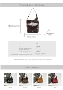 Detailed size specifications and color options for the studded bucket bag in PU leather