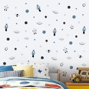 Cartoon astronaut moon wall stickers for kids bedroom with rocket and planet patterns