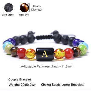 Adjustable 8mm chakra lava stone letter A bracelet with natural tiger eye beads