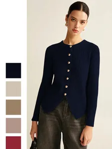 Women Knit Cardigan Sweater Slim Fit Round Neck Gold Buttons Long Sleeve Ribbed Solid Color Commute Elegant Tops
