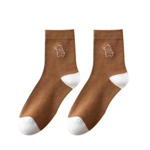 Brown cotton mid-calf socks featuring white toe and heel with cute bear embroidery