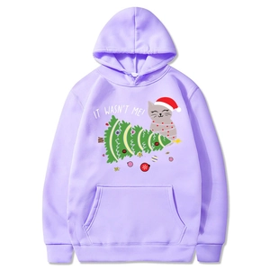 Lila Weihnachts-Hoodie mit lustiger Katze und Tannenbaum-Print für Damen und Herren