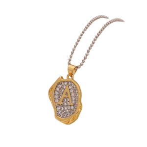 Two-tone retro letter A pendant necklace with sparkling crystals on a bead chain