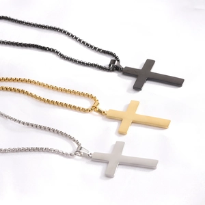 Three-color set of stainless steel cross necklaces in black gold and silver with box chains