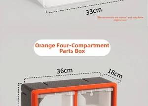 Detail view of 36x18cm stackable orange four-grid drawer box with physical dimensions
