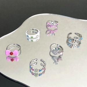 Set of 6 minimalist colorful enamel flower and bow snake-shaped open rings for women