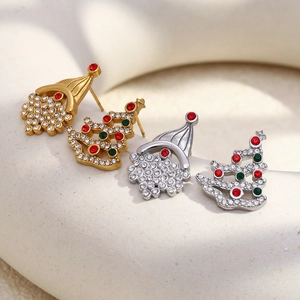 Christmas stud earrings set with crystal trees and hats in 18K gold plated steel
