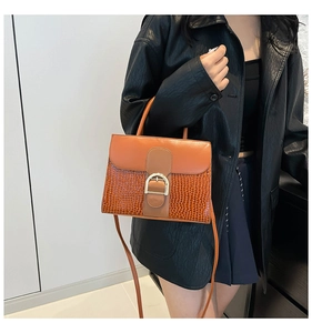 Detailansicht der Kroko-Lederhandtasche mit silberner D-förmiger Metallschnalle und Griff