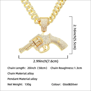 Hip hop iced out pistol pendant with Cuban link chain in gold and silver alloy