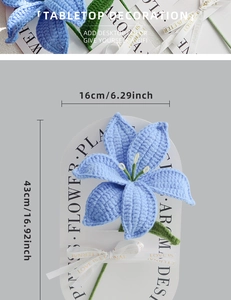 Detailed dimensions of handmade blue crochet lily bouquet showing 43cm total height
