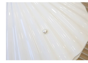 Close-up of white shell texture surface with an inlaid pearl on the evening clutch