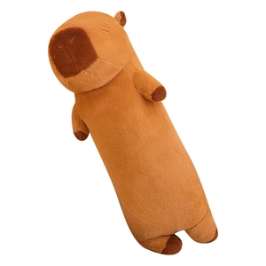 Long brown capybara plush body pillow with cute sleeping face on white background
