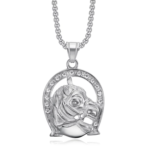 Silver horse head pendant necklace with horseshoe frame and sparkling crystals