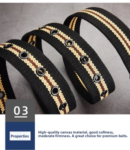 Close-up of black canvas belt with striped webbing and black metal eyelets detail