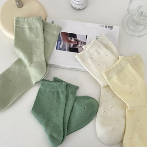 Japanese style cute lace trim crew socks with hollow knit pattern in soft pastel colors