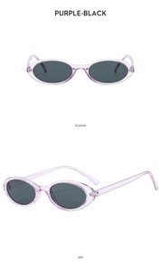Front and side views of vintage purple oval sunglasses with dark grey PC lenses