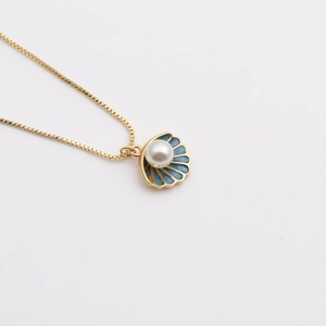 Shell Pendant Necklace Copper Real Gold Plated Blue Enamel Faux Artificial Pearl Box Chain Simple Bohemian Jewelry For Women