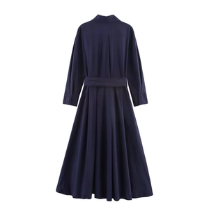 Elegant navy blue poplin shirt dress featuring a lapel collar, belted waist and pleated skirt