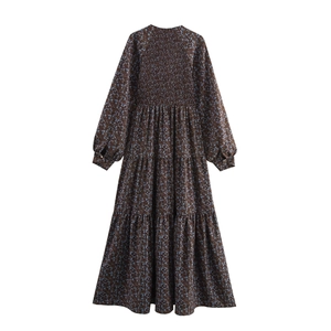 French floral print chiffon long sleeve dress with tiered skirt and pleated bodice