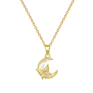 Elegant gold crescent moon necklace with shell inlay and crystal butterfly pendant