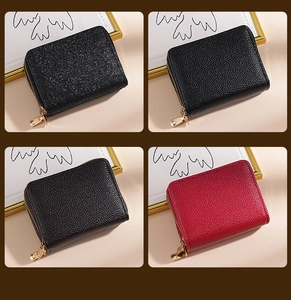 Detail showing four styles of women's leather card wallets in glitter and lychee textures