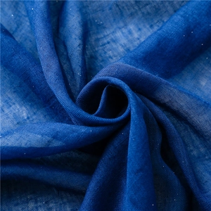 Macro detail of navy blue cotton linen scarf fabric with shimmering silver lurex threads