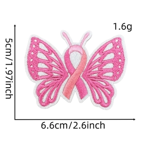 Pink ribbon butterfly embroidery patch for women's awareness with dimensions 5x6.6cm