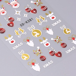 Macro detail of 5D-K281 Christmas nail stickers with embossed reindeer and Santa patterns