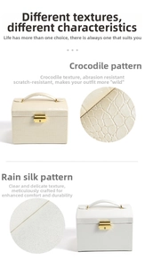 Detail view of cream jewelry box featuring crocodile and rain silk leather textures